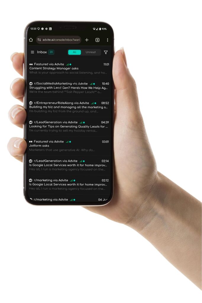 Hand holding a smartphone showing Advite AI inbox console with multiple social media monitoring alerts and lead generation messages. The interface displays tracked conversations from platforms like Reddit, marketing forums, and business communities, highlighting how Advite AI collects, organizes, and analyzes leads for digital marketing, customer engagement, and social listening