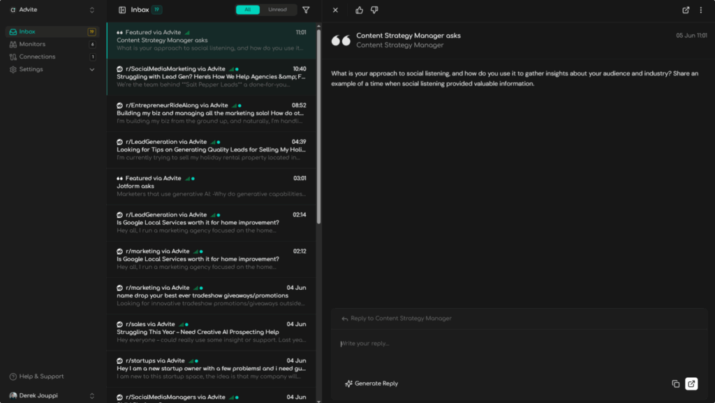 Advite AI dashboard showing inbox with multiple social media monitoring alerts and a detailed message view. The left panel displays options for Inbox, Monitors, Connections, and Settings. The central inbox lists lead generation and marketing conversations from Reddit and other sources, while the right panel expands a selected query from a Content Strategy Manager asking about social listening. Advite AI interface highlights features for tracking leads, analyzing customer insights, and generating AI-powered replies