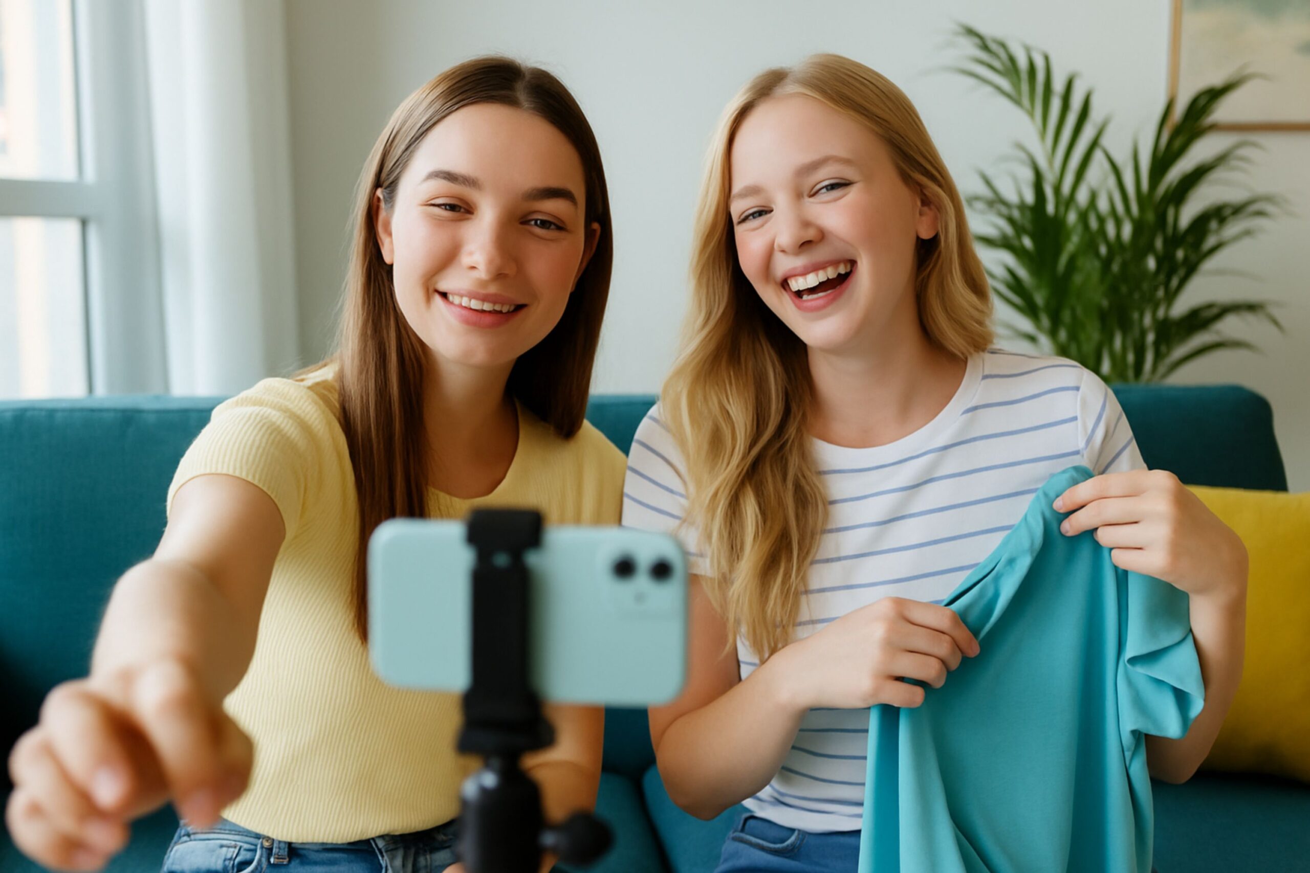 Two young women with clear smiling faces creating digital content outdoors, using a smartphone and tripod in bright natural light with blue, yellow, green, and white colors in the background.