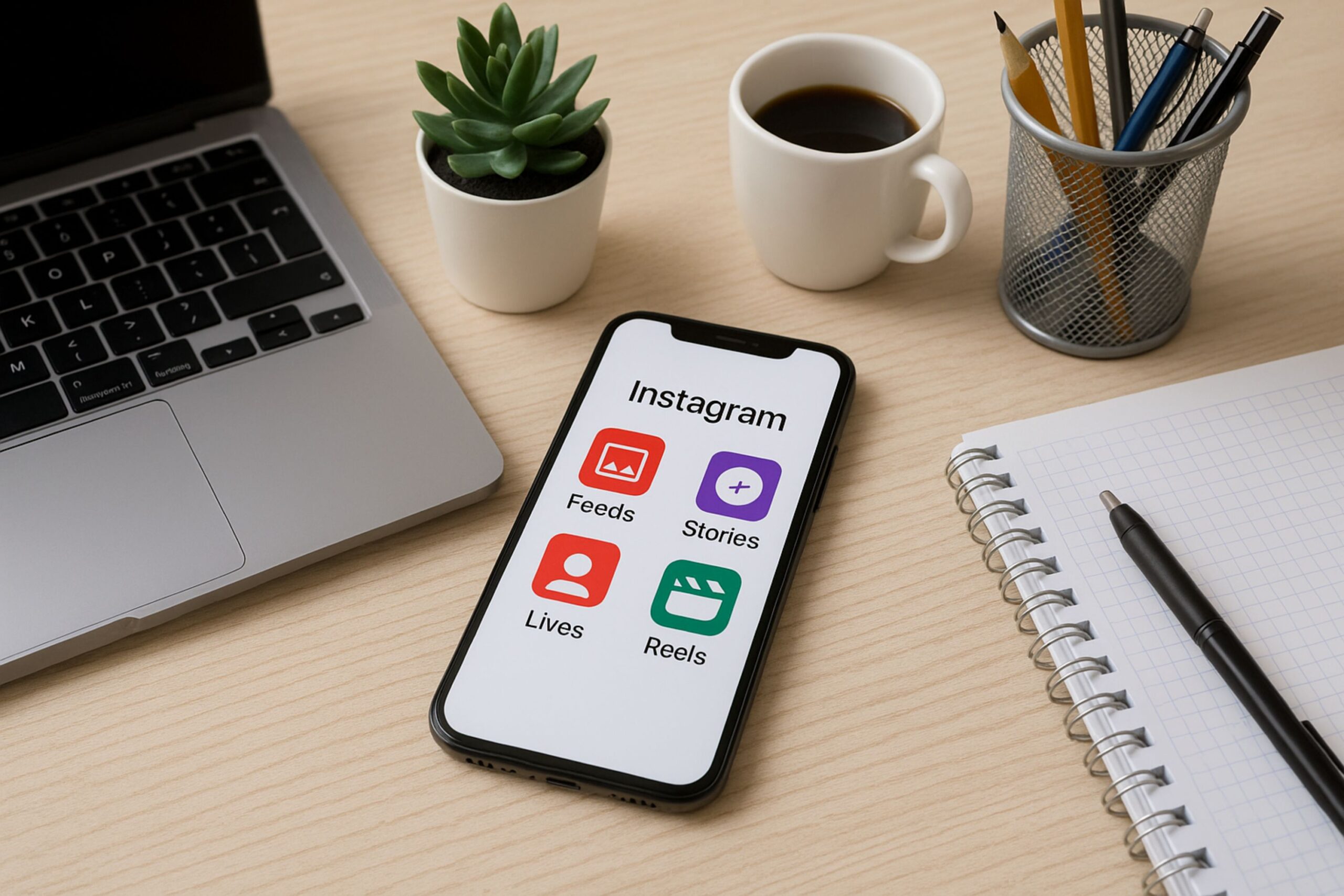 Light wood office desk with a smartphone displaying Instagram options for Feeds, Stories, Lives, and Reels, alongside a silver laptop, coffee cup, potted plant, pen holder, and notepad, representing social media content planning and Instagram marketing strategy.