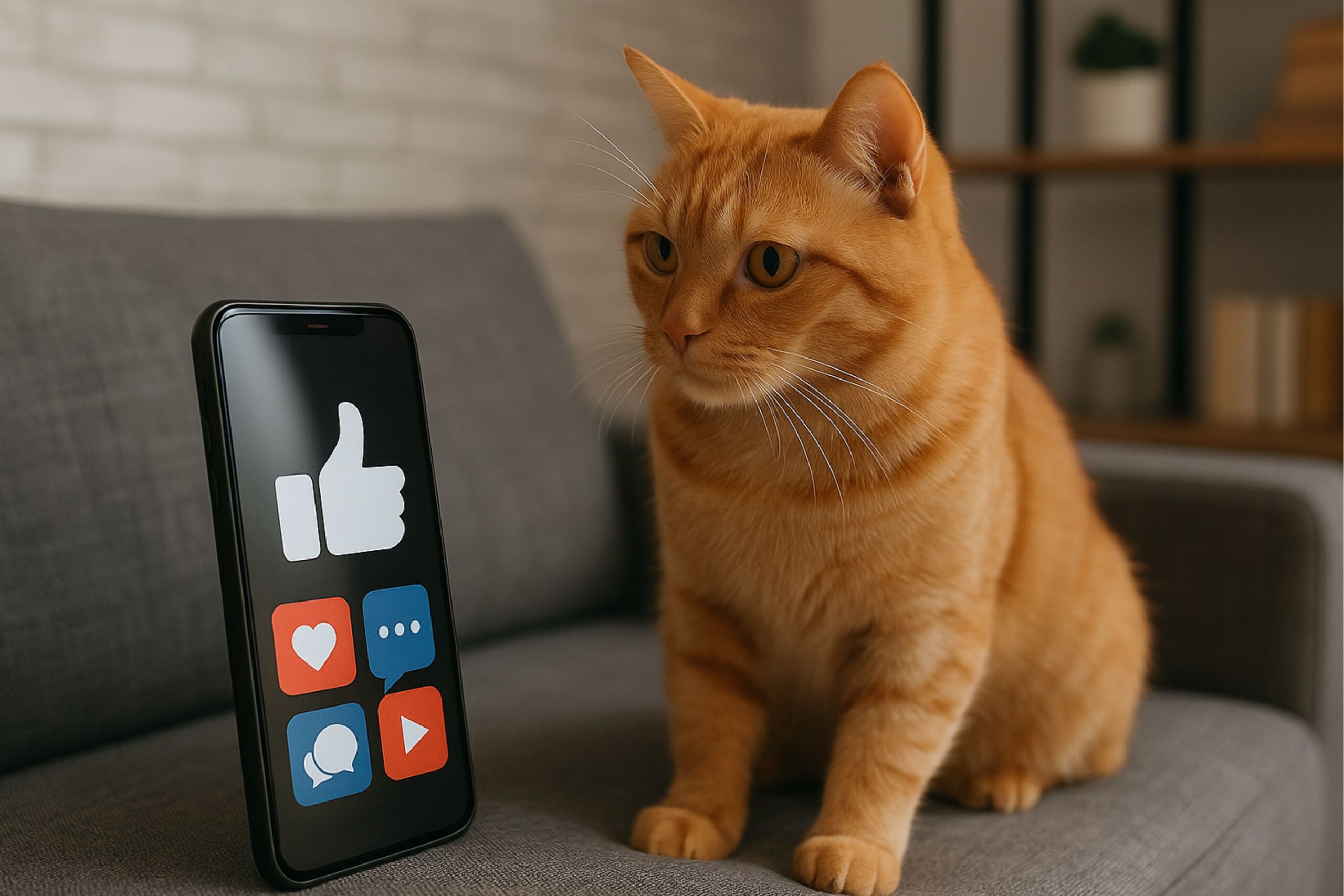 Orange tabby cat sitting on a grey sofa looking at a smartphone screen displaying social media icons including like, heart, chat, and play buttons, symbolizing viral content creation, social media engagement, and online marketing trends.