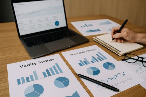 Realistic top-down view of a digital marketing analytics workspace with laptop, charts, and graphs comparing vanity metrics vs actionable metrics, showing conversion rates, engagement data, and performance tracking reports on a wooden desk.