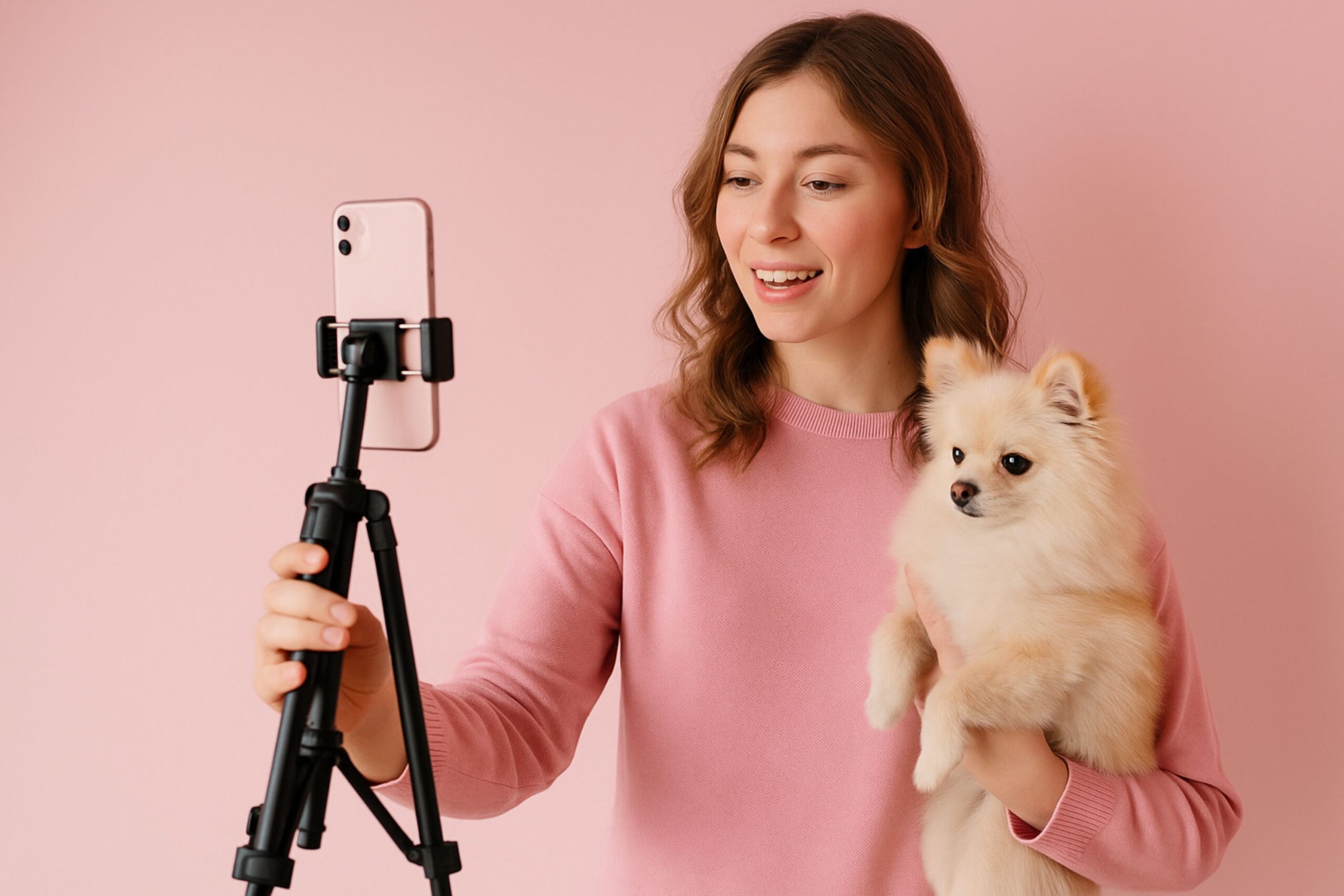 Young woman in rosy pink setting filming a social media story on smartphone while holding a small fluffy dog, symbolizing digital storytelling, influencer marketing, and viral content creation.