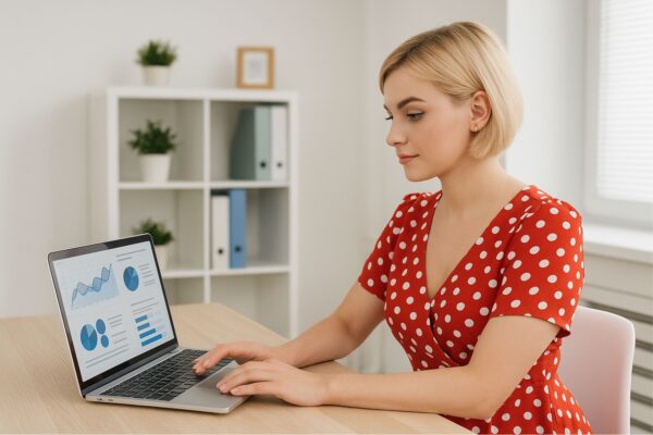 Blonde woman with short hair in a modern light-colored office, wearing a red dress with white ovals, analyzing social media analytics and marketing tools on a laptop, representing micro-virality detection, niche brand strategy, and digital trend monitoring