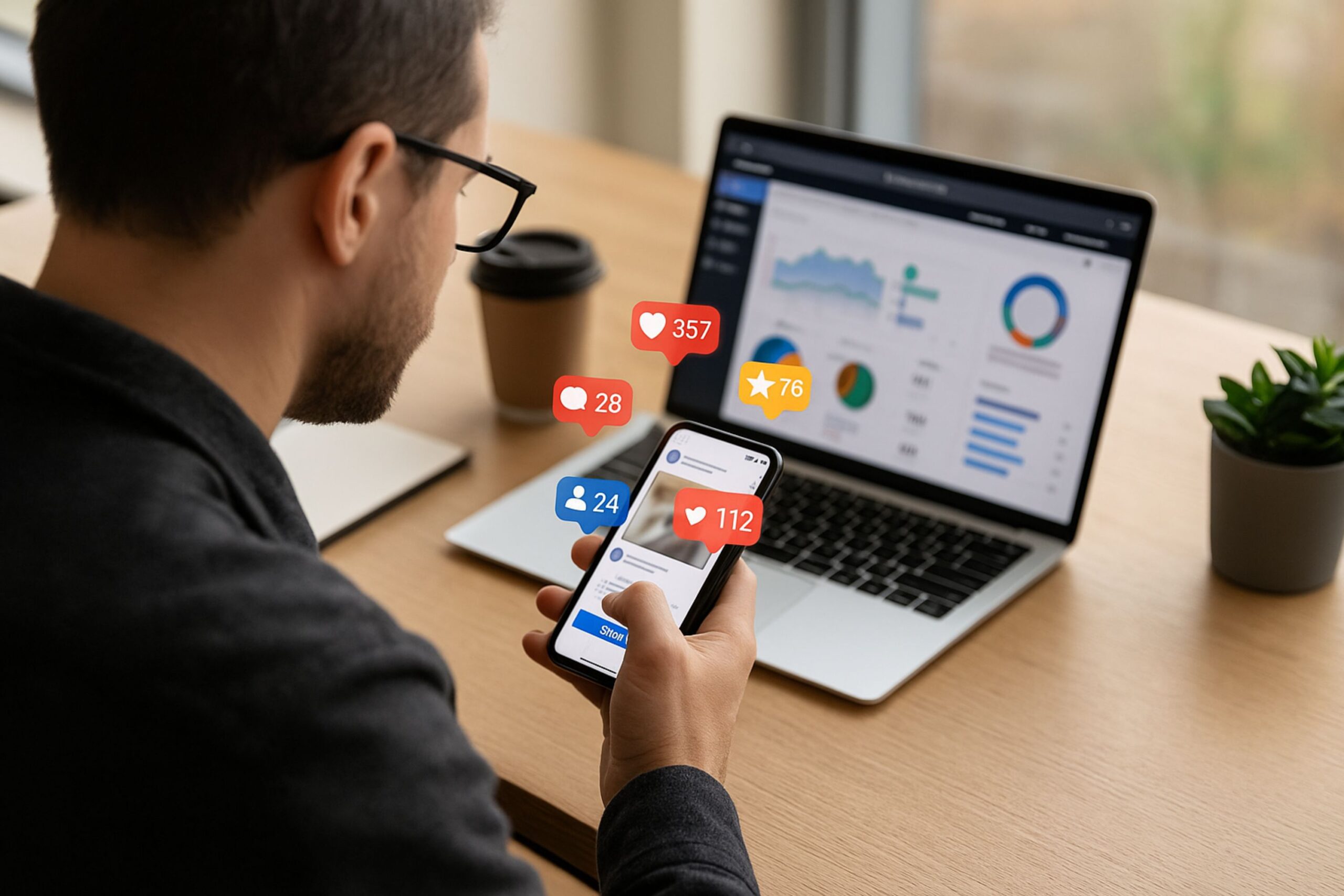 photo of a man sitting at a light wooden desk analyzing social media metrics. He holds a smartphone showing live engagement icons—likes, comments, and new followers—while a laptop displays detailed social media analytics dashboards with charts and graphs. A coffee cup and a small potted plant add context, illustrating real-time monitoring and analysis of seasonal trends and tools which help identify micro-viral opportunities in social media listening.