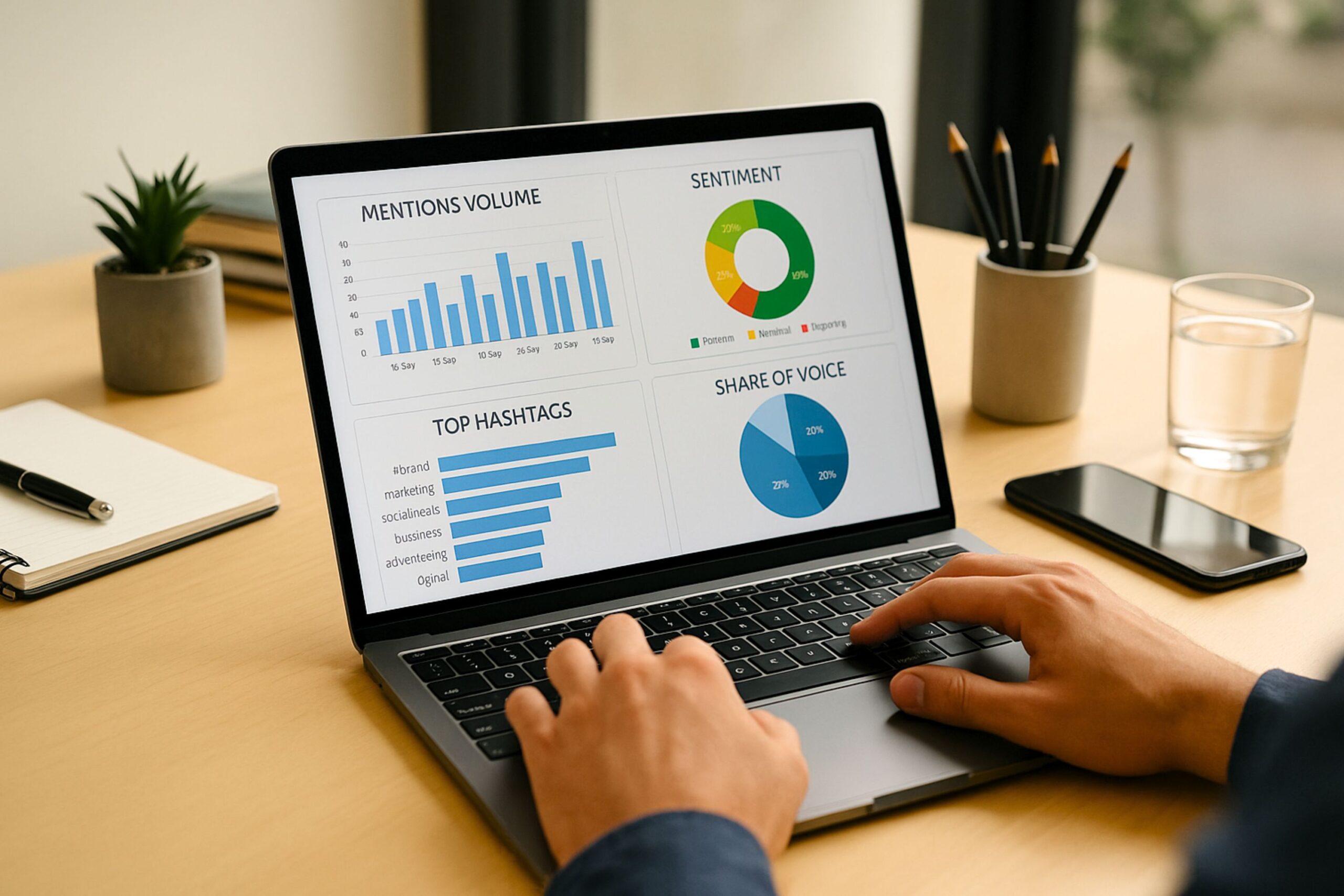 photo of a modern workspace showing a person analyzing social media listening metrics on a laptop. The screen displays detailed charts with mentions volume, sentiment analysis, top hashtags, and share of voice. A notebook, smartphone, pencils, and a glass of water sit neatly on a wooden desk, illuminated by natural window light, creating a realistic and professional environment for data monitoring and strategy planning.