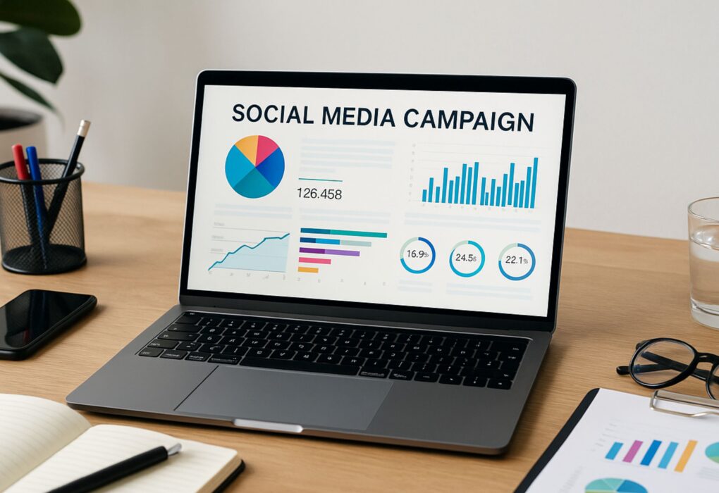 modern marketing workspace showing a laptop displaying a detailed social media campaign analytics dashboard with charts, graphs, engagement rate data, reach statistics, and performance KPIs. A smartphone, notebook, and marketing reports with colorful bar charts lie on the wooden desk beside a pen, glasses, and a glass of water. The scene represents professional digital marketing strategy planning, campaign management, and performance tracking across platforms like Facebook, Instagram, TikTok, and LinkedIn. Ideal visual for topics such as how to run a social media campaign, social media analytics, marketing KPIs, content strategy, and digital advertising optimization.