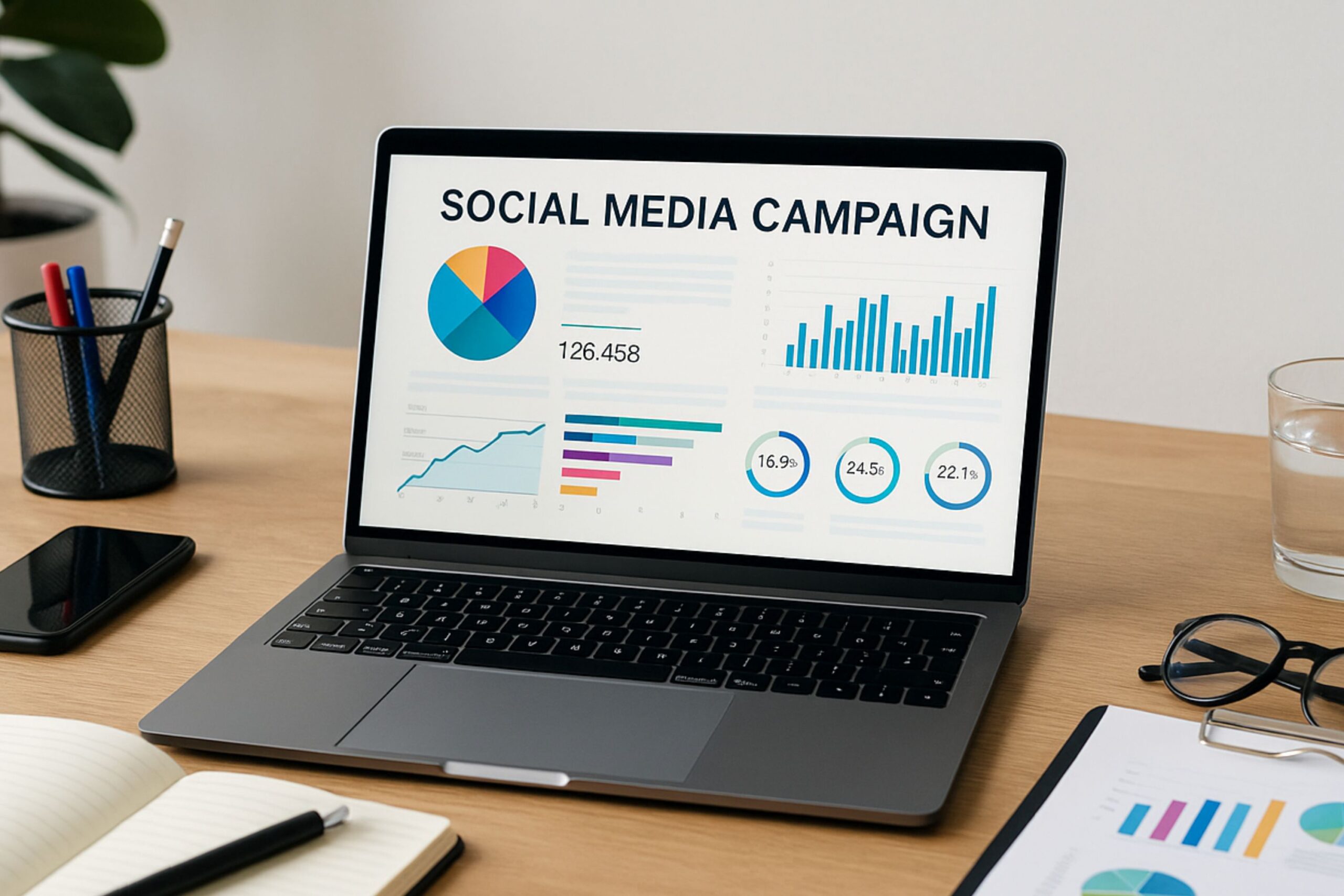 modern marketing workspace showing a laptop displaying a detailed social media campaign analytics dashboard with charts, graphs, engagement rate data, reach statistics, and performance KPIs. A smartphone, notebook, and marketing reports with colorful bar charts lie on the wooden desk beside a pen, glasses, and a glass of water. The scene represents professional digital marketing strategy planning, campaign management, and performance tracking across platforms like Facebook, Instagram, TikTok, and LinkedIn. Ideal visual for topics such as how to run a social media campaign, social media analytics, marketing KPIs, content strategy, and digital advertising optimization.