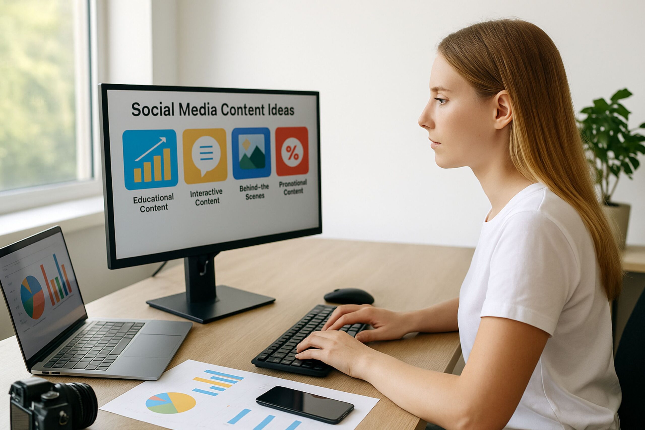 photo of a young Caucasian woman sitting at a bright, modern office desk, focused on her computer screen displaying colorful social media dashboards and content templates. The workspace includes a laptop, smartphone, DSLR camera, and printed charts spread across the table, symbolizing digital marketing and creative content planning. Natural sunlight fills the room through a large window, reflecting a calm, productive atmosphere as she works on social media content ideas for multiple platforms such as Instagram, TikTok, and LinkedIn.