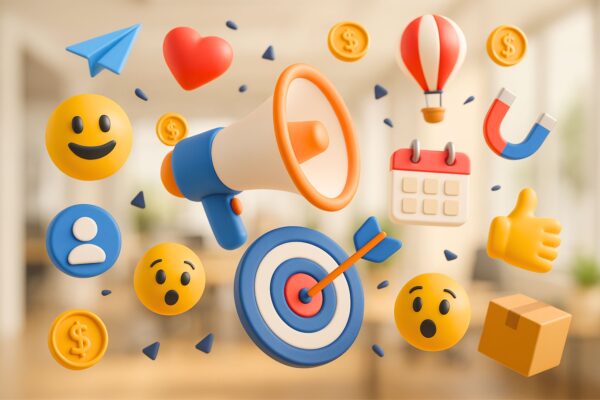 A realistic 3D digital illustration of social media marketing elements floating in mid-air over a blurred modern office background. The scene includes a megaphone, target with arrow, emoji faces, coins, calendar, heart, paper airplane, and thumbs-up symbols — representing engagement, audience targeting, and campaign success. The composition features soft lighting and light-colored tones, symbolizing digital communication, online promotion, and social media strategy