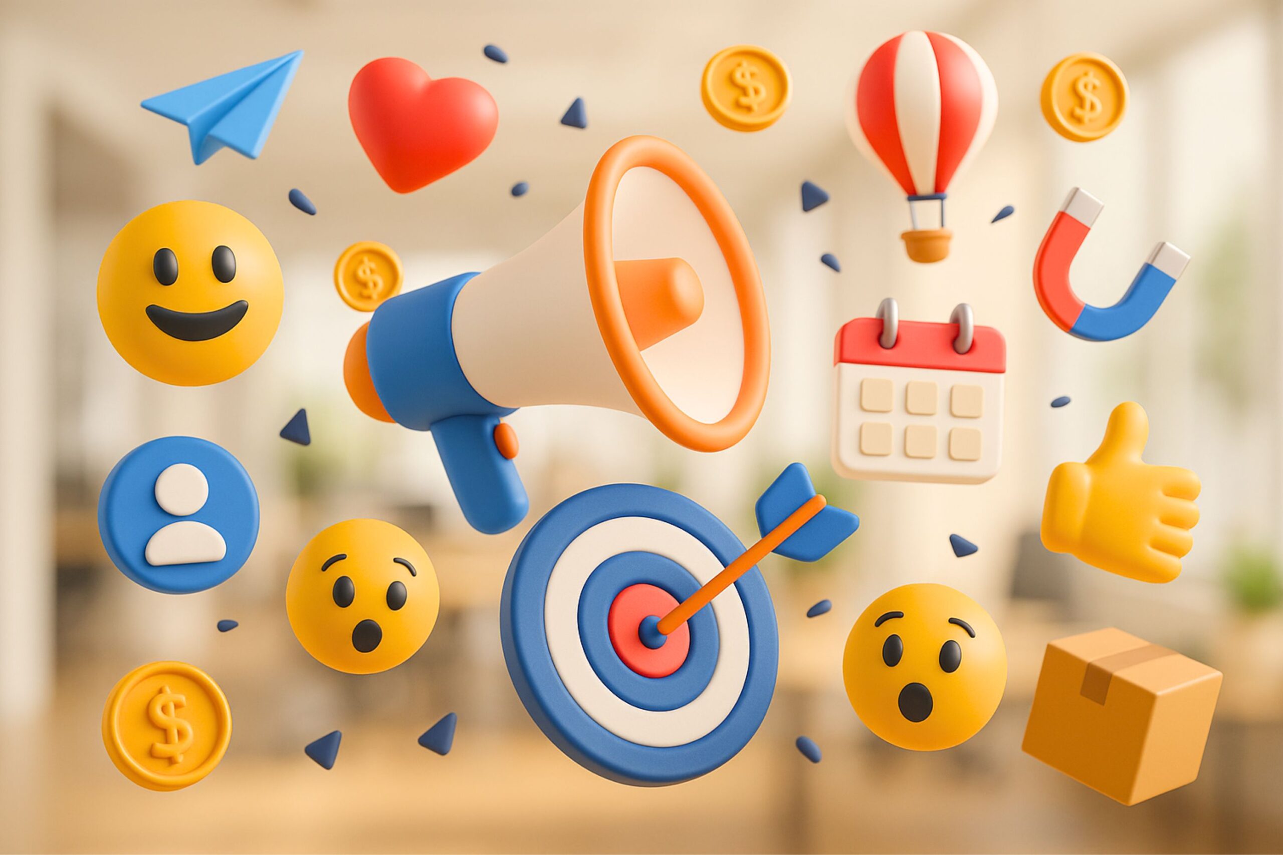 A realistic 3D digital illustration of social media marketing elements floating in mid-air over a blurred modern office background. The scene includes a megaphone, target with arrow, emoji faces, coins, calendar, heart, paper airplane, and thumbs-up symbols — representing engagement, audience targeting, and campaign success. The composition features soft lighting and light-colored tones, symbolizing digital communication, online promotion, and social media strategy