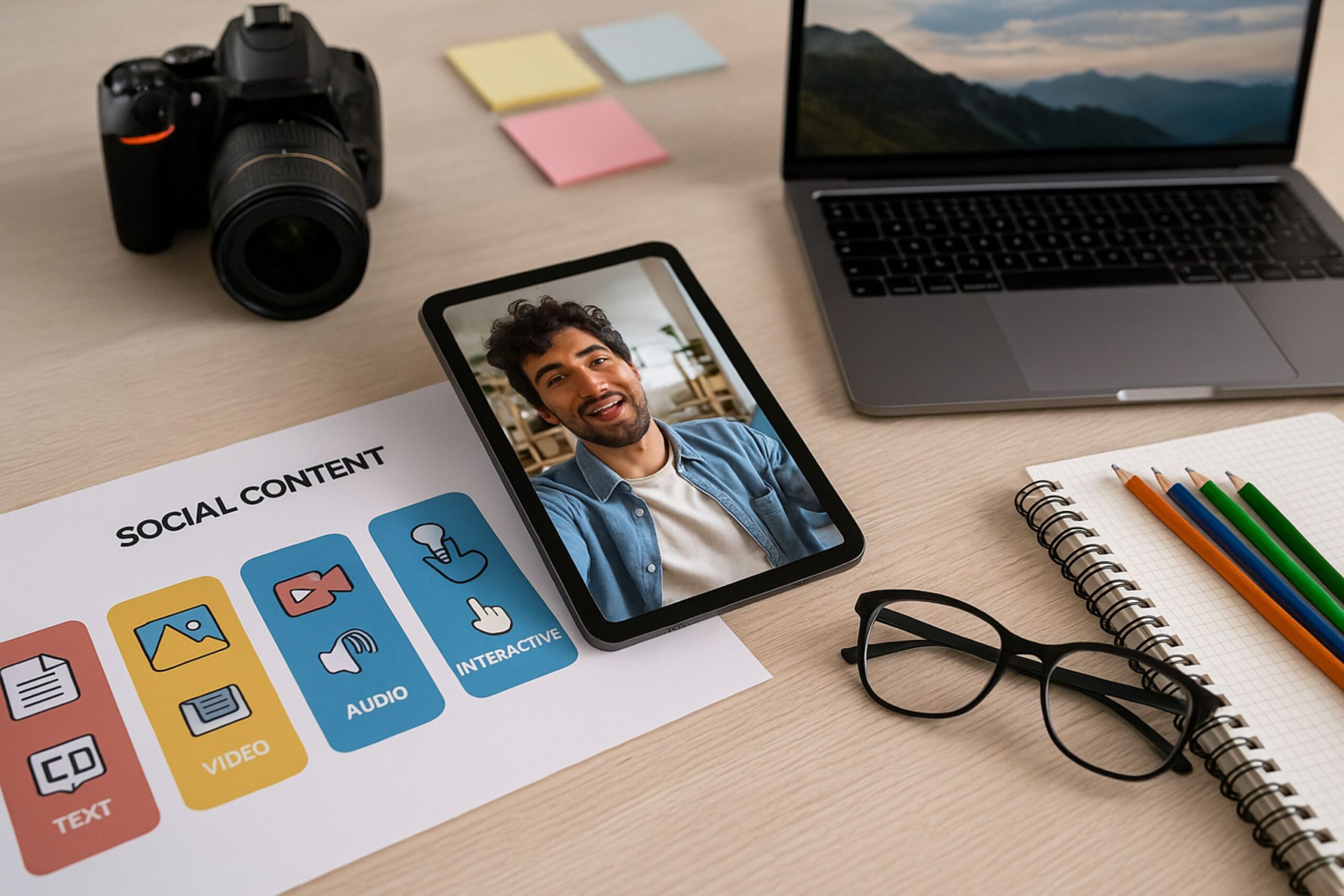 photo of a digital marketer working at a modern desk, creating different types of social media content. The computer screen displays image editing software, video thumbnails, and engagement analytics. A smartphone shows active social media posts. The bright workspace includes natural lighting, a laptop, a camera, and creative tools symbolizing text, video, audio, and interactive content formats used in professional social media marketing.