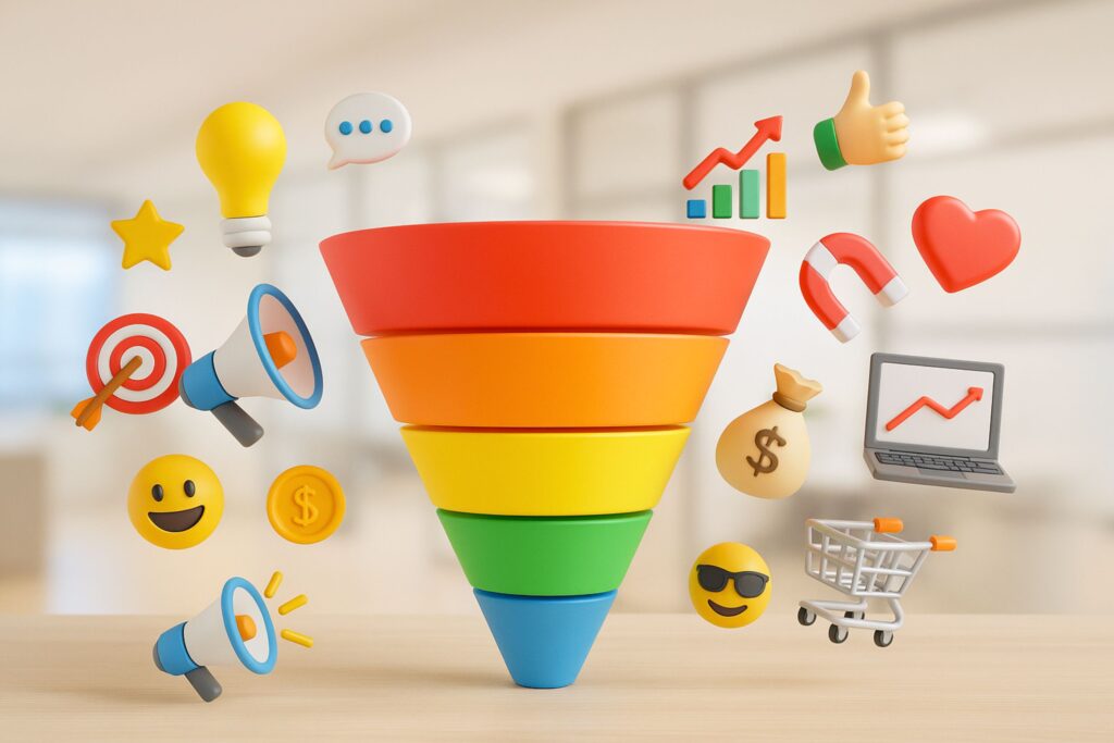 A highly detailed 3D illustration of a multicolored marketing funnel with five sections symbolizing the stages of a social media campaign — awareness, interest, engagement, action, and advocacy. Surrounding the funnel are floating emojis and marketing icons such as megaphones, chat bubbles, target symbols, graphs, hearts, coins, and shopping carts, representing digital communication, audience engagement, and conversion tracking. The background shows a softly blurred modern office in neutral tones, creating a realistic and professional atmosphere that highlights social media strategy, analytics, and online marketing performance.