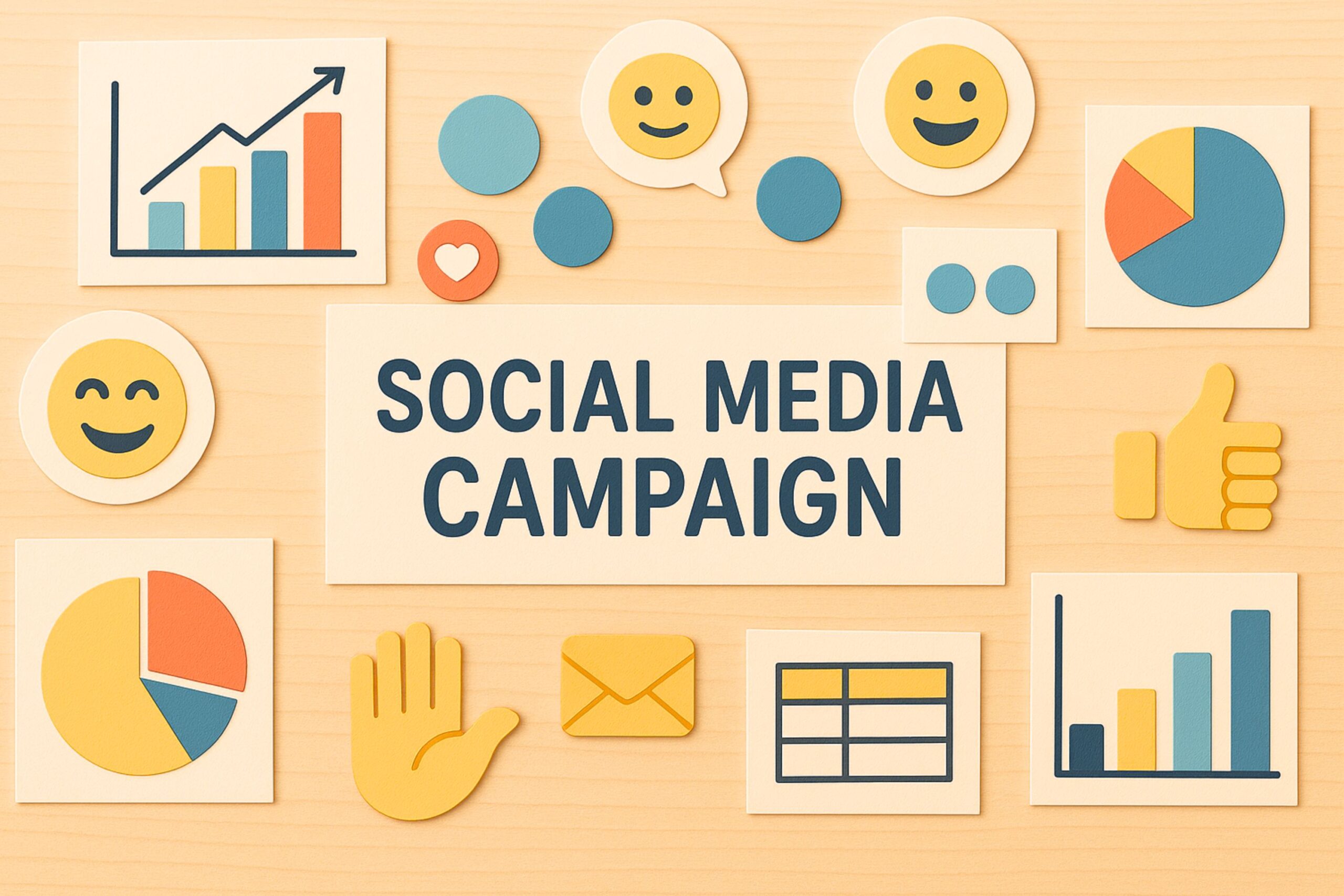 digital illustration showing social media campaign analytics concept with pastel-colored charts, graphs, and emoji icons on a light wooden surface. Elements include paper-cut style bar graphs, pie charts, thumbs-up, smiley faces, and data visualization symbols representing engagement, reach, and performance measurement. The image conveys digital marketing, analytics, and campaign evaluation themes with a bright, minimal, and professional aesthetic — ideal for illustrating how to measure the impact of a social media campaign.
