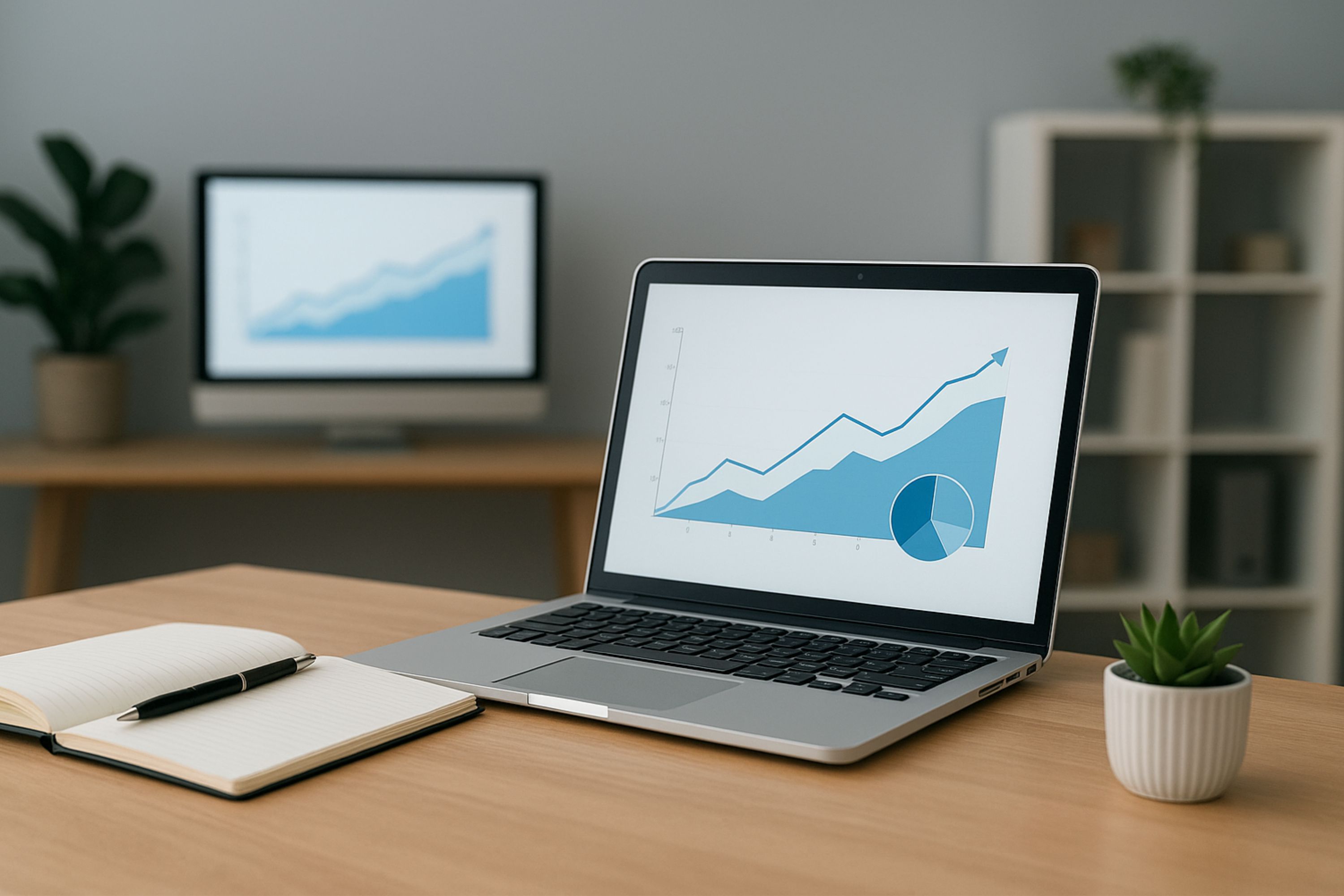 modern workspace showing a laptop and large monitor displaying social media analytics dashboards, AI-driven performance graphs, charts, and engagement metrics. Professional office desk with notebook, pen, and small potted plant. Visualization of social media campaign performance, audience engagement trends, predictive AI insights, content optimization, posting time analysis, reach, likes, shares, comments, sentiment analysis, and multi-platform performance. Clean, well-lit environment emphasizing digital marketing, data analysis, and AI tools for social media management.