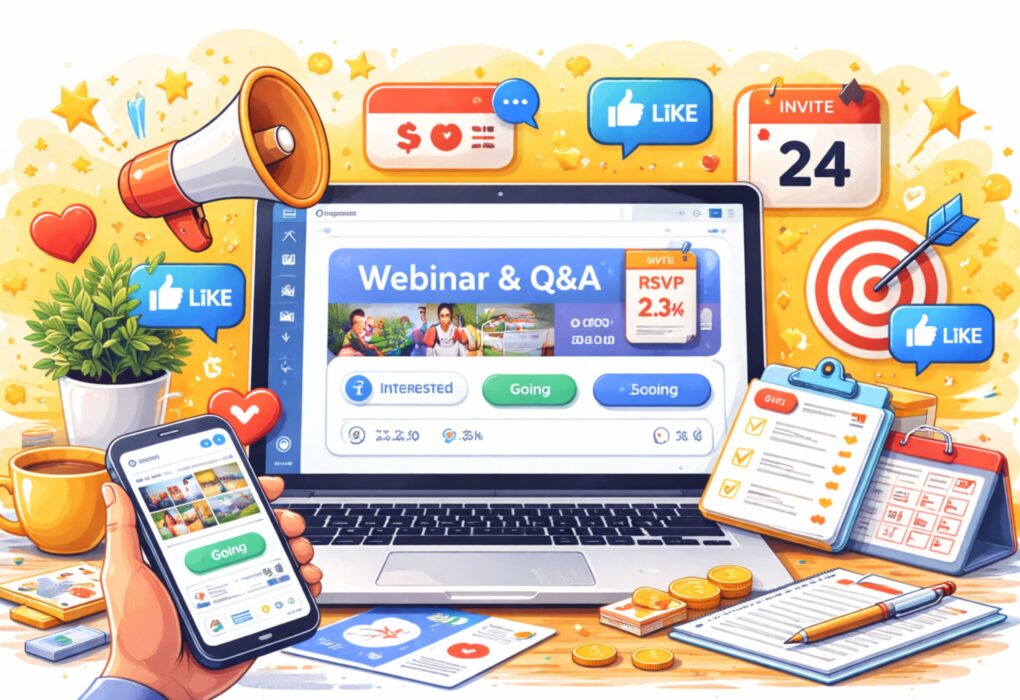 Facebook event marketing strategy showing laptop with event page dashboard, RSVP responses, invitation icons, engagement notifications, and social media analytics highlighting organic Facebook page reach growth.