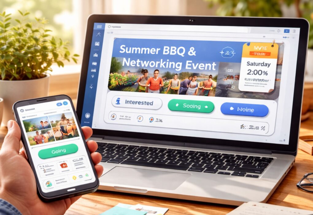 a laptop and smartphone displaying a Facebook event page with RSVP responses and engagement activity, illustrating how Facebook event interactions increase organic page reach.