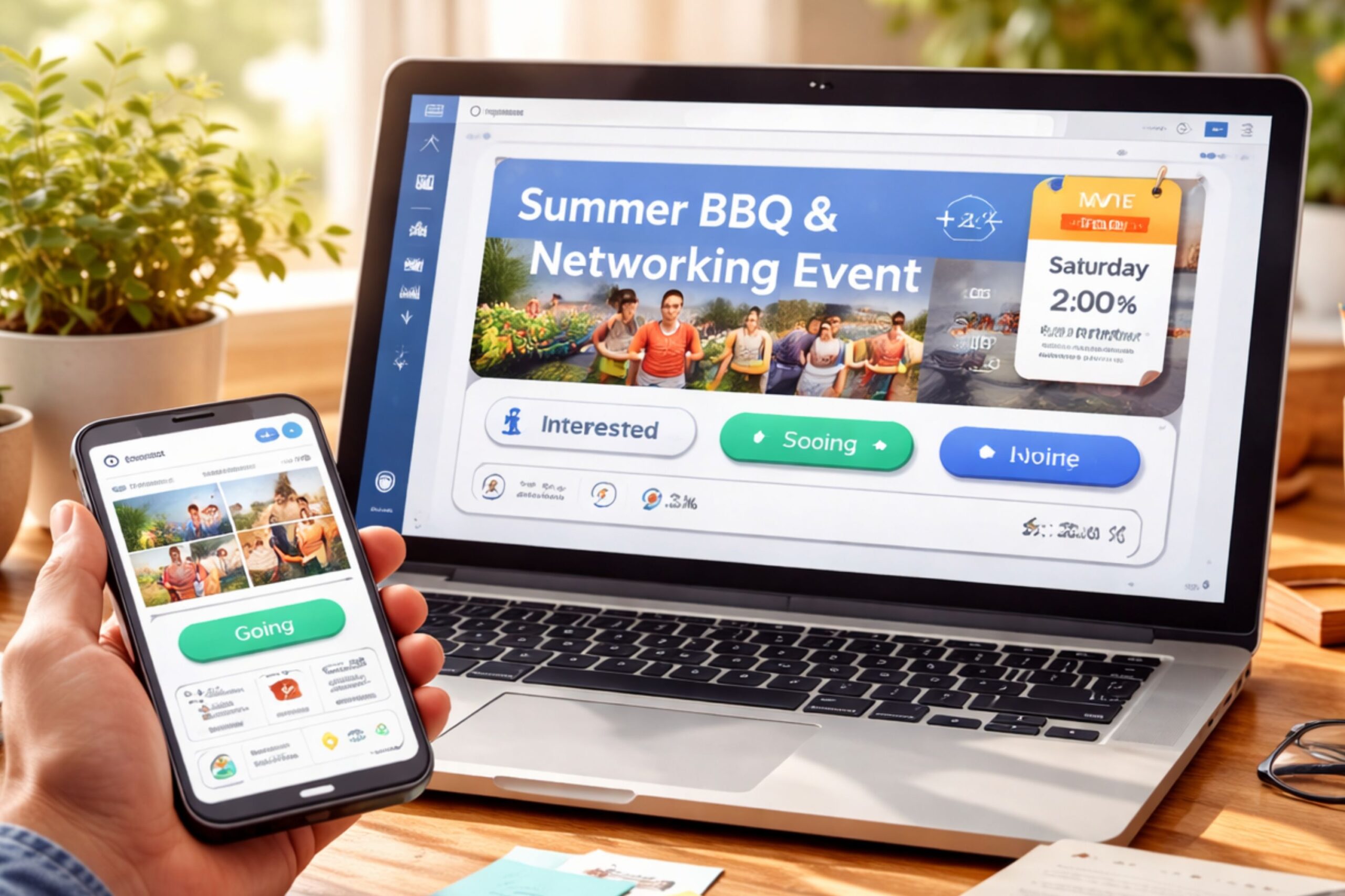 a laptop and smartphone displaying a Facebook event page with RSVP responses and engagement activity, illustrating how Facebook event interactions increase organic page reach.