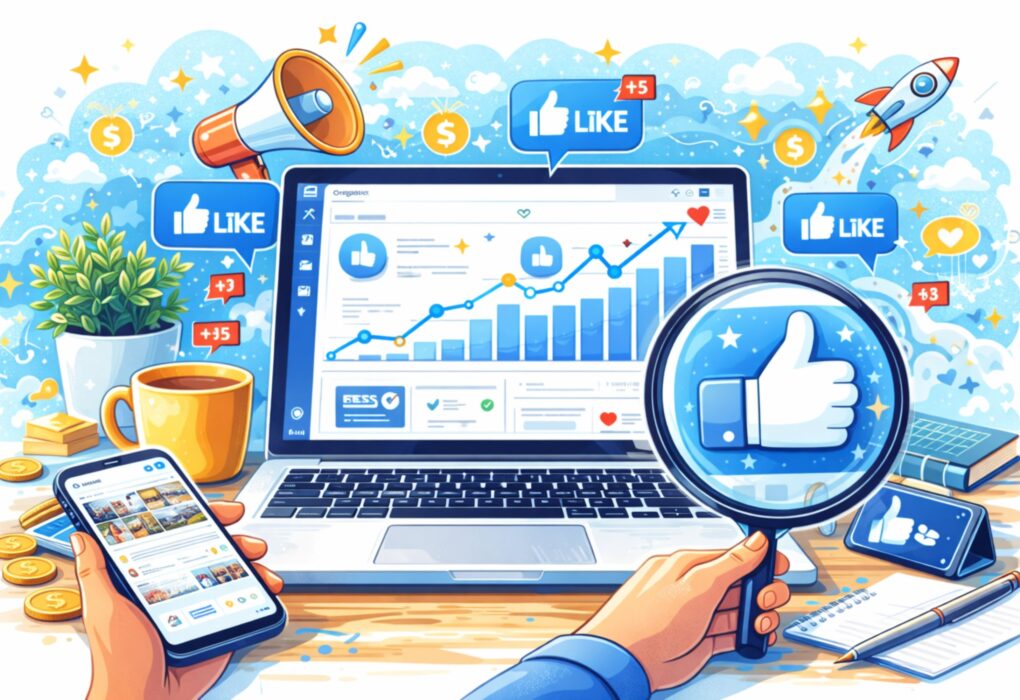 organic Facebook page growth strategy with laptop analytics dashboard, rising engagement graph, likes icons, smartphone notifications, and social media marketing elements on a desk.