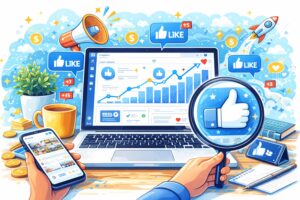 organic Facebook page growth strategy with laptop analytics dashboard, rising engagement graph, likes icons, smartphone notifications, and social media marketing elements on a desk.