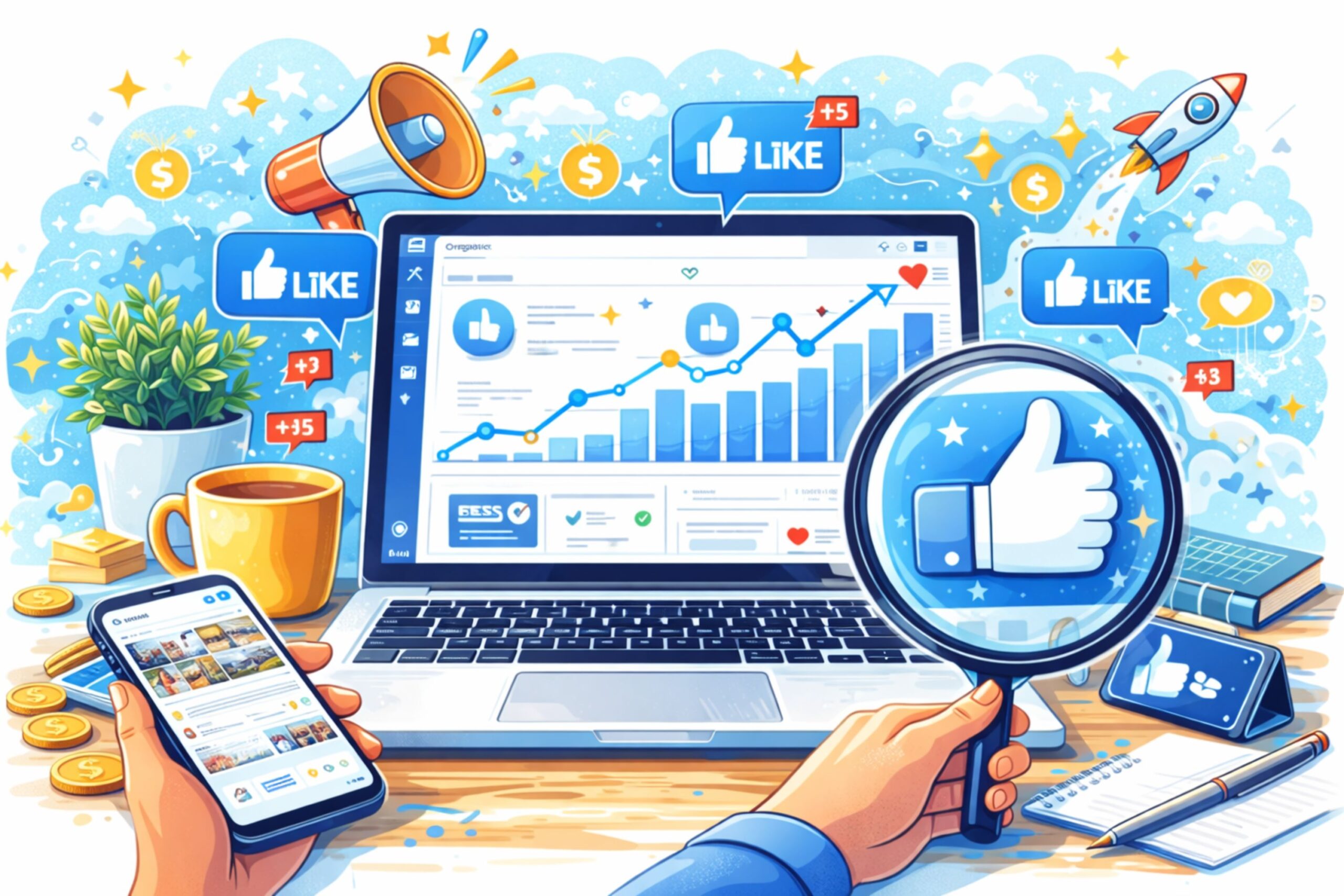 organic Facebook page growth strategy with laptop analytics dashboard, rising engagement graph, likes icons, smartphone notifications, and social media marketing elements on a desk.